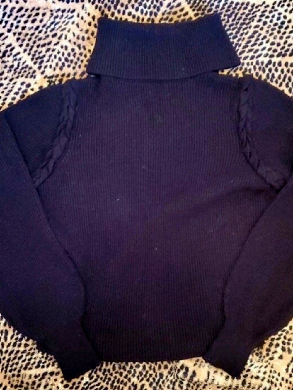 saks fifth avenue black turtleneck sweater with braided shoulder. small euc